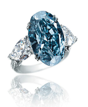 The centerpiece of Chopard Blue Diamond Ring is a 9-carat blue diamond (in photo) with diamond shoulders. The one stolen from the Saudi Arabian Royal family was five times the size of this diamond. The ring shown was sold in 2007 for over $16,000,000. 