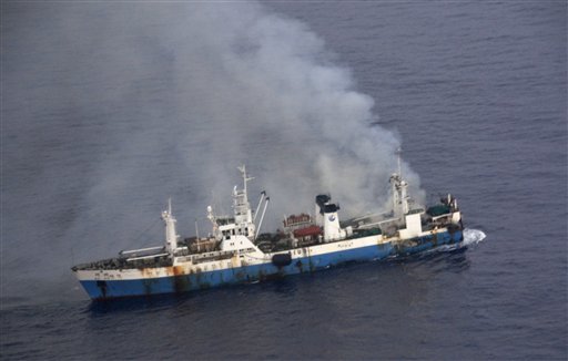 Smoke billows from a Chinese factory fishing ship Kai Xin just off the coast of Antarctica on April 17. Chile’s military says it’s ready to intervene if necessary to prevent an ecological disaster. 
