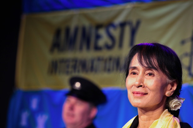 REPRO FEE  18-6-12 ….amnesty international/dublin city council honour Aung San Suu Kyi with a public event in Dublin including The Freedom of The City. Pic shows Aung San Suu Kyi Burmese Democracy Leader on stage where she spoke to the assembled crowds after signing the Roll of Honorary Freedom of Dublin city at a ceremony attended by the Lord Mayor of Dublin Andrew Montague and Colm O' Gorman Executive Director of Amnesty International Ireland.    Pic: Maxwell Photography - No Repro Fee   18-6-12