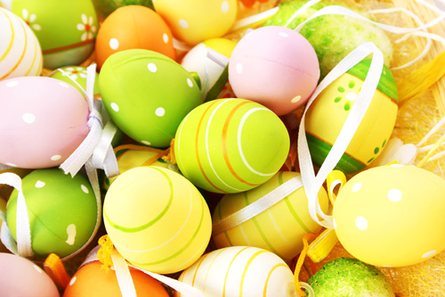 Easter setting with colorful eggs.