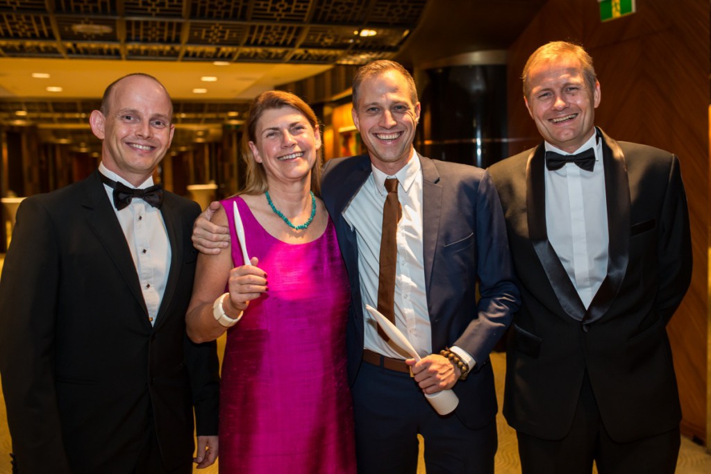 Chairman of DCCC-Shanghai Simon Lichtenberg (left) with Pia Ellers, Entrepreneur of the  Year Kasper Leschly and general consul Nicalai Prytz(right). Business person of the year Jens Eskelund were not able to make it to the party, but Grundfoss' Humphrey Lau revieved the award on his behalf. Photo: Rasmus Daniel Taun courtesy of DCCC. 