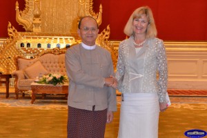 Katja Nordgaard, Norway’s former ambassador to Burma, met with President Thein Sein in August 2013. Norgaard has recently joined Telenor after leaving the foreign service. (Photo: President’s Office website)
