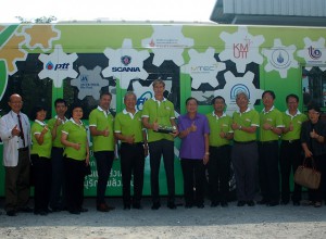 In a file photo from 2013, Swedish Ambassador to Thailand Klas Molin (the tallest person) took part in the opening ceremony of the project "Ethanol ED95 Public Bus Line" at King Monkut's University of Technology Thonburi (KMUTT). Photo by Pichai Tinsuntisook 