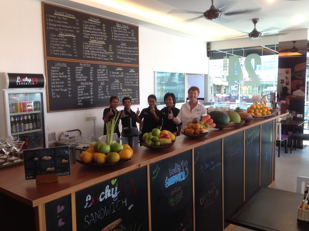 The staff in the Patong-shop with Mark's mother, Lisbeth Perthu-Hansen, on the far right (Photo: Lucky 13 Sandwich)