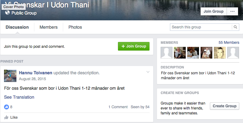 Screendump from the Facebook group "Vi Svenskar I Udon Thani".