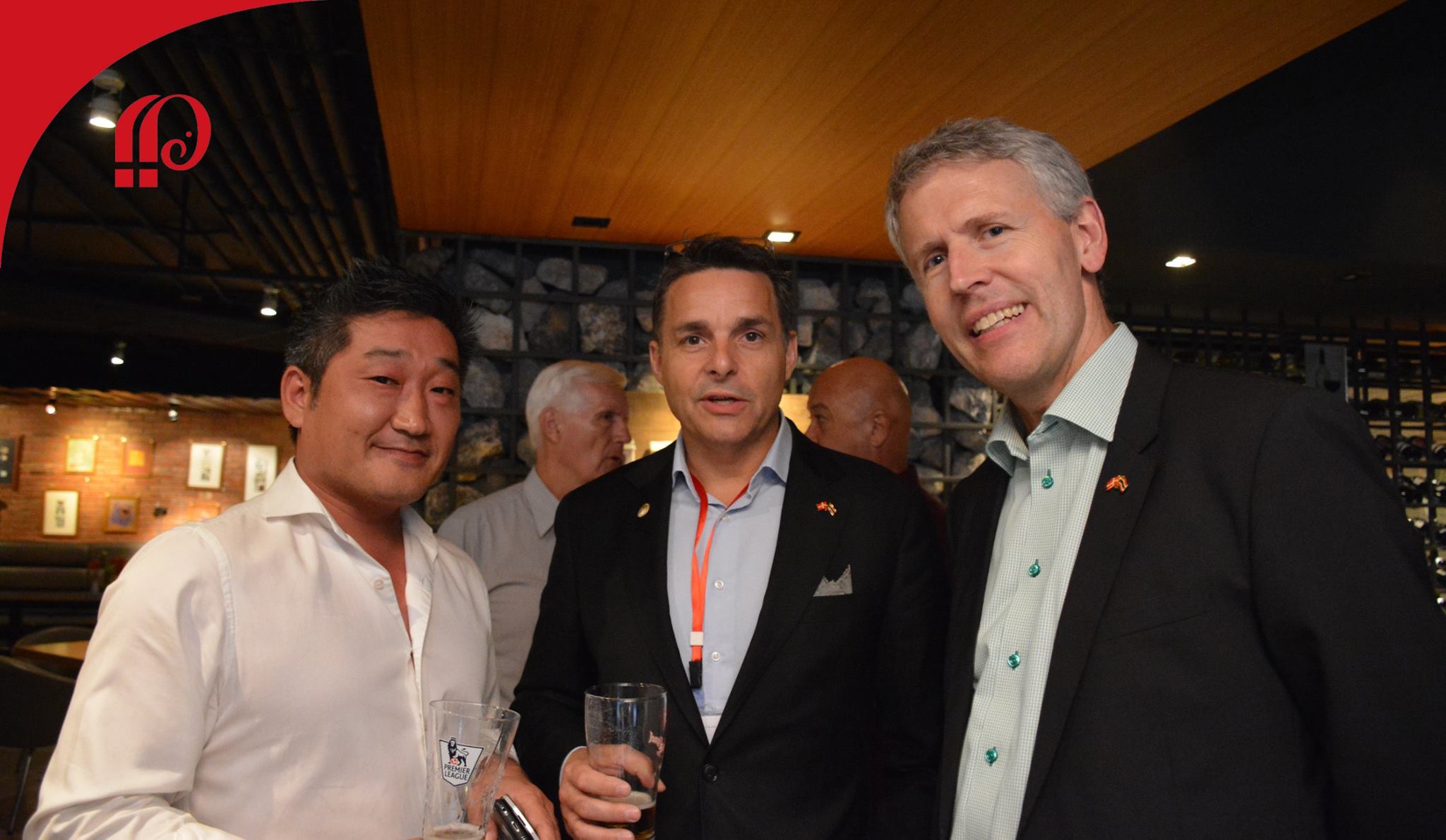 H.E. Mr. Uffe Wolffhechel, (right) new Ambassador of Denmark to Thailand, with Dancham President Mr. Thomas Nyborg (middle) and Mr. Peter Waagensen, prominent Danish businessman in Thailand at the DTCC Networking nigh 23 September 2016 at Admiral's Pub and Restaurant Bangkok.