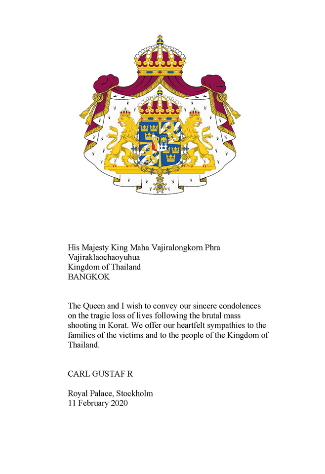 King  Carl Gustaf sent condolence letter to King Mahavajiralongkorn