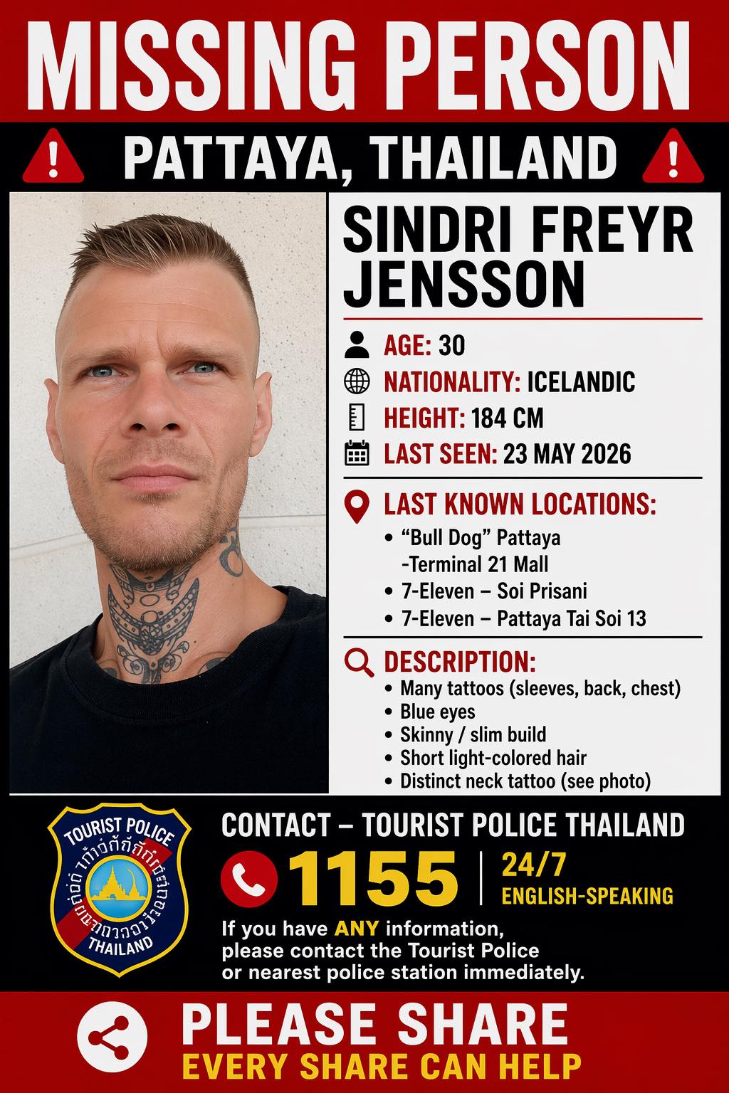 Icelander reported missing in Pattaya